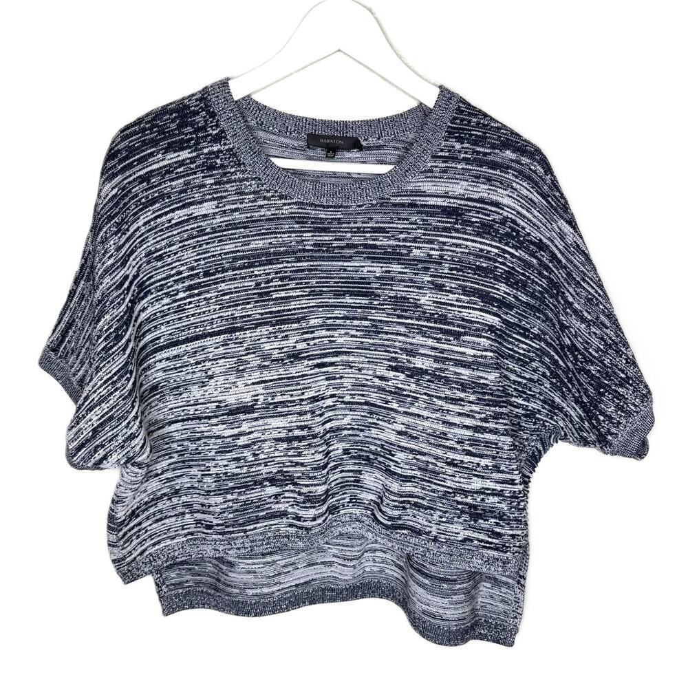 Aritzia Babaton Navy Blue & White Knit Boxy Short Sleeve Cropped Top, Sz S